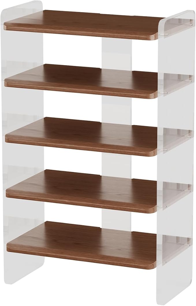 Free Standing Shoe Rack, Closet Shoe Storage Shelves for Entryway Small Space, Garage & Living Room, Wooden Shoe Stand, 5-Tier Modern Shoe Organizer, Solid Wood & Acrylic Frame with Top Shelf
