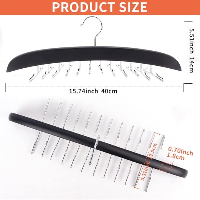 3 Pack Tank Top & Bra Hanger, Tie & Belt Hanger with Natural Wood, 24 Space Saving, 360 Rotating, Foldable Metal Hooks, Closet Organizer and Storage Rack for Tank Tops/Bras/Ties/Belt (Black)