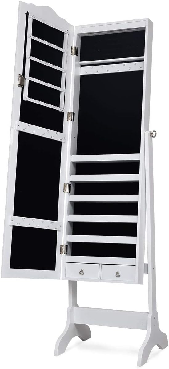 Giantex Jewelry Armoire Organizer with Full Length Mirror, 14 LEDs Floor Standing Jewelry Cabinet with 2 Drawers, 4 Adjustable Angles, Lockable Jewelry Storage Box Cabinet (White)