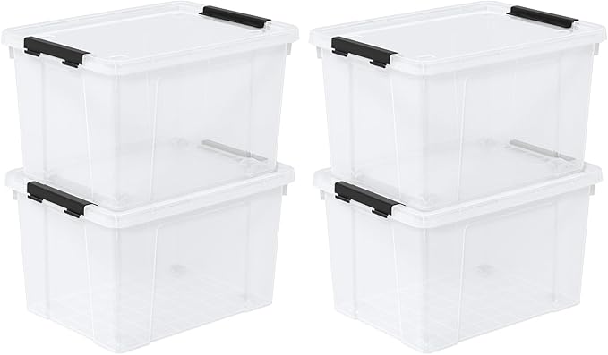 22 Quart Plastic Clear Storage Box with Wheels, Plastic Storage Bins with Lids, Latching Bins, 4 Packs