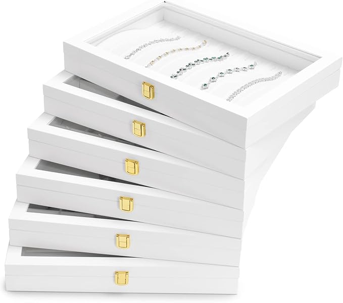 Oirlv White 12 Gird Jewelry Organizer Tray with Acrylic Lid Premium Leather Jewelry Box with Transparent Lid Bracelet Bangle Watch Display Case