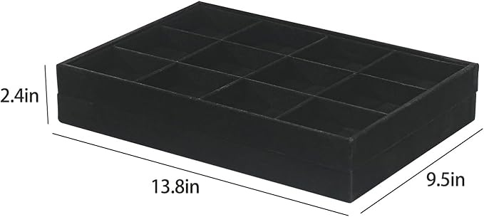 2pcs/Set Velvet Jewelry Tray, 12 Grids Large Storage Tray for Bracelet Bangle Beads Display, Jewellery Organizer Box Tray for Home Drawer or Shop Store Selling Show (Black Velvet)