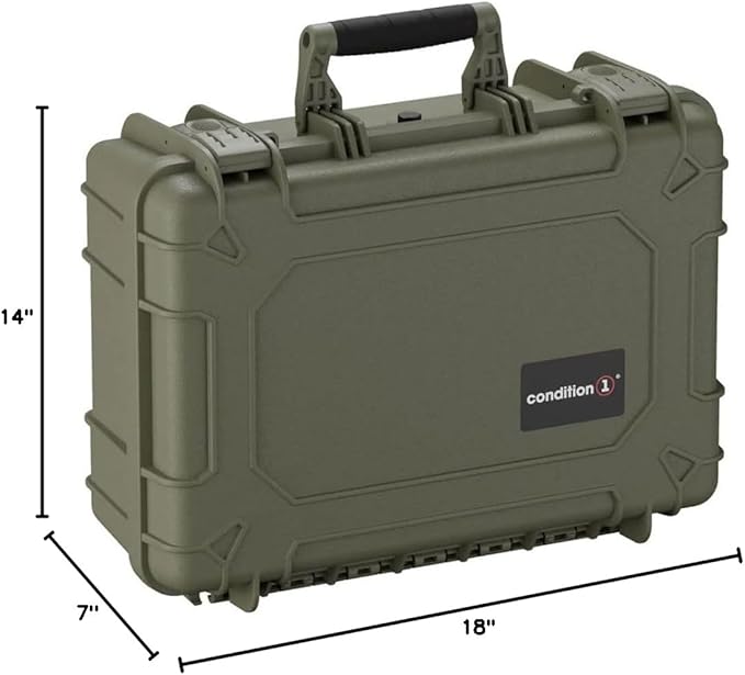 Condition 1 18" Medium Waterproof Hard Case with Foam, Model 801, Portable Protective Storage Box for Travel, Tactical Gear, Made in USA, 18.36"x13.70"x 7.03" Green