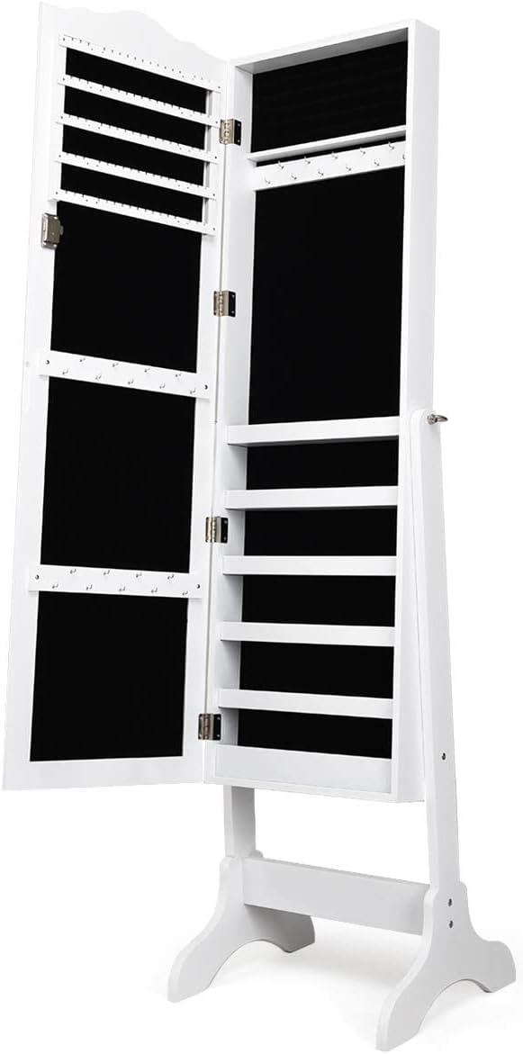 Giantex Jewelry Cabinet Armoire Lockable with Mirror, Standing Full Length Mirror with Jewelry Cabinet, 3 Adjustable Angles, Jewelry Organizer Storage Box Birthday Christmas Gifts (White)