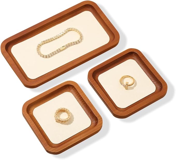Wooden Jewelry Display Tray Rounded Rectangle Ring Showcase Stackable Elegant Bracelet Watch Jewelry Organizer for Personal Use and Commerce (Old Lace, Large-W 7'' x H 0.6'' x L 7.9'')