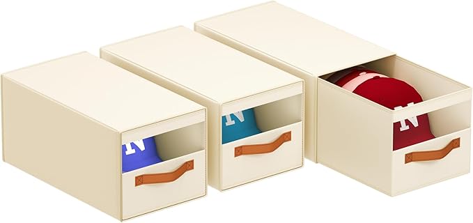 Hat Organizer for Baseball Caps - 3 Pack Pull-Out Drawer Hat Storage Organizer Box with Clear Window, Stackable Closet Cap Holder, Baseball Cap Organizer for Closet, Bedroom, Home, Beige