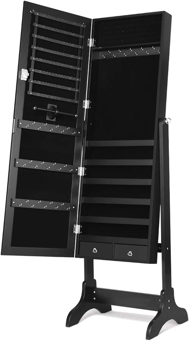 Giantex Lockable Standing Jewelry Armoire with Full Length Mirror, Large Storage Capacity Jewelry Cabinet Organizer with 2 Drawers, 4 Angle Adjustable, Extra Wide Mirror for Women Girls (Black)