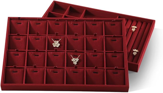 Linen Stackable Necklace Storage Tray, 24 Grid Pendant Display Tray, Jewellery Shop Counter Showcase Table Top Organizers, Makeup Table Drawer Insert Jewelry Tray