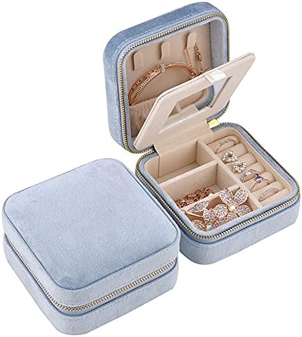 Customizable Compact Velvet Jewelry Box with Mirror, Travel Jewelry Case, Travel Jewelry Organizer, Jewelry Box for Women and Girls, Small Jewelry Organizer (Bottom Right Text, Powder Blue)