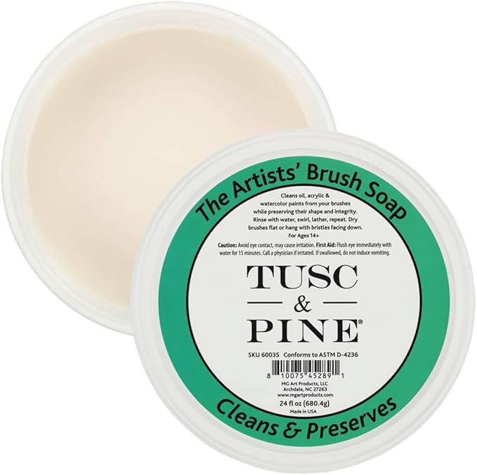 Tusc & Pine The Artists' Brush Soap - 2oz and 24 oz Set - Plant-Based Brush Cleaner, Oil, Acrylic, Watercolor Paint - Nourishes Bristles; Made in North Carolina; Alkali Soap, Gentle Pine Fragrance