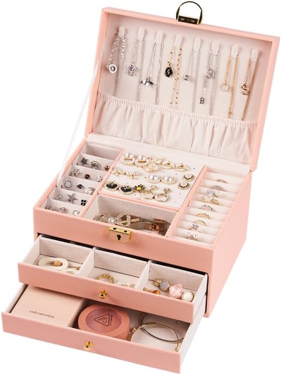 3 Layer Jewelry Box, Jewelry Holder with Lockable Drawer, Large Jewelry Boxes & Organizer with Velvet Earring Holder, Gifts for Mom Women