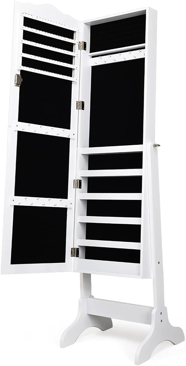 Giantex Jewelry Armoire with Full Length Mirror, Lockable Standing Jewelry Cabinet, Mirror with Jewelry Storage, Ring Earring Necklace Makeup Display, Jewelry Organizer Box for Women Girls (White)