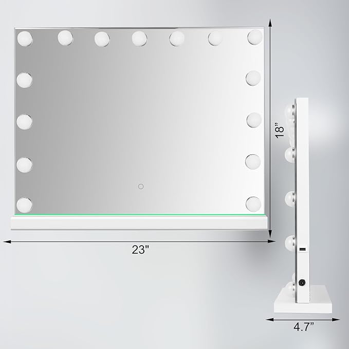 Hollywood Vanity Mirror with Lights, 23"x18" Lighted Makeup Mirror with 10x Magnification for Desk/Wall Mount, 15 Led Bulbs, 3 Lighting Modes for College Dorm, Bedroom, Dressing Room (White)