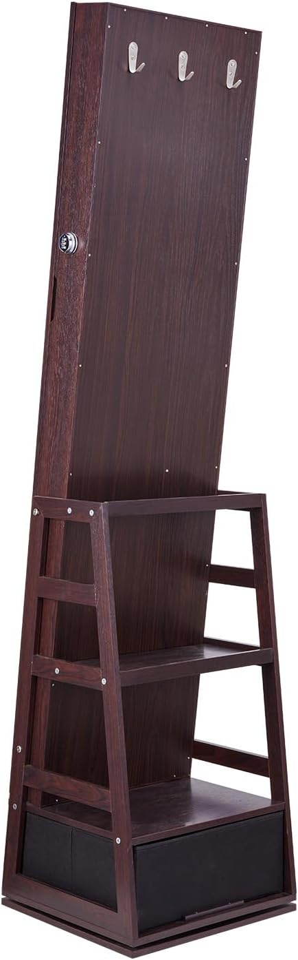 VEVOR 360° Swivel Jewelry Cabinet Armoire, 63-Inch Tall Lockable Jewelry Organizer with Full-Length Mirror, LED Light, Velvet Lining, Drawer, Freestanding, Brown