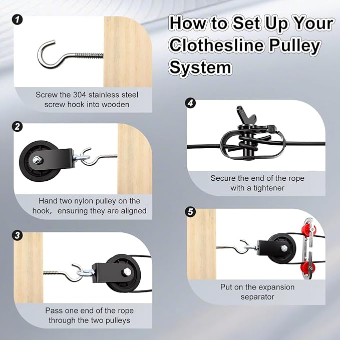 Clothesline Kit, Sunwuk Heavy Duty Clothesline Kit with 3/16" 100Ft PVC Coated Clothes Line Wires, Clothesline Nylon Pulley, Perfect for Drying Clothes Outside