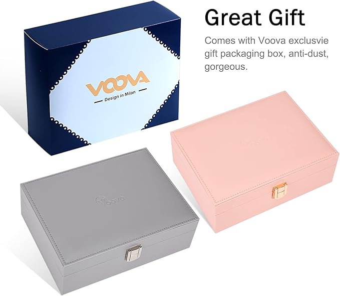 Voova Jewelry Box Organizer for Women Girls, 2 Layer Large Men Jewelry Storage Case, PU Leather Display Jewellery Holder with Removable Tray for Necklace Earrings Rings Bracelets, Vintage Gift, Pink