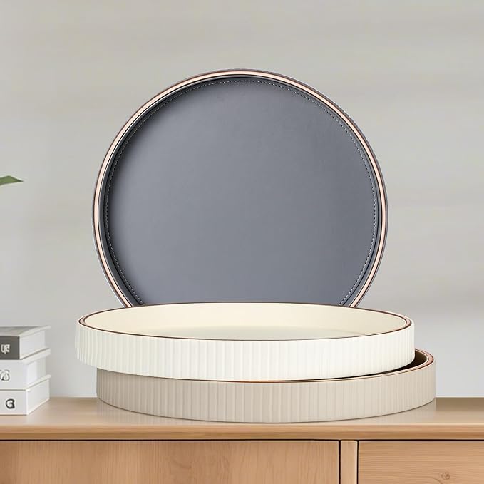 GORESE 12" Round Decorative Tray for Coffee Table, PU Leather Compact Serving Tray for Home Decor & Everyday Accents, Modern Nightstand Tray for Jewelry & Perfume, Beige
