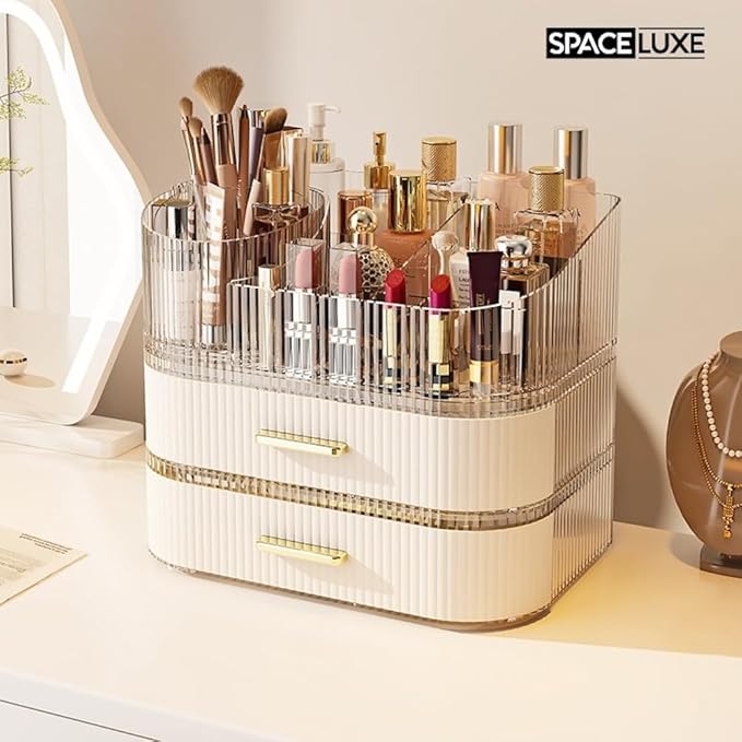 Makeup Organizer with Drawers and 360° Rotating Brush Holder, Large Capacity Cosmetic Storage for Vanity, Skincare, Perfume, Hair Accessories, Lipstick & Jewelry (Cream White, 3-layer)