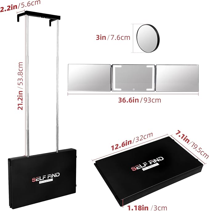 Self Find-3 Way Mirror for Self Hair Cutting with Ring Light,Rechargeable 360 Mirror for Hair Tools,Light and Height Adjustable