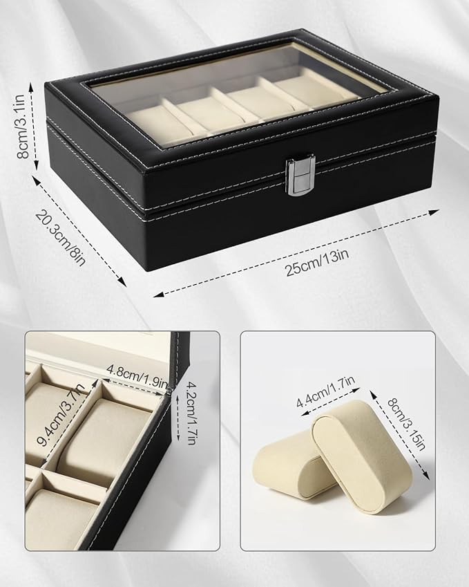Uten Watch Box, 10 Slots Watch Case, Watch Box Organizer Jewelry Storage with Large Glass Lid, Watch Display Case, Watch Box for Men & Women