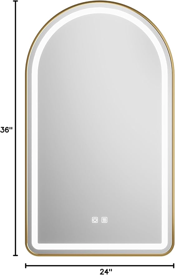 24x36 inch Gold Tempered Glass LED Arched Mirror for Bathroom Vanity Mirror or Wall Decor Arch Mirror Brushed Metal Frame Wall Mounted Mirror for Bathroom