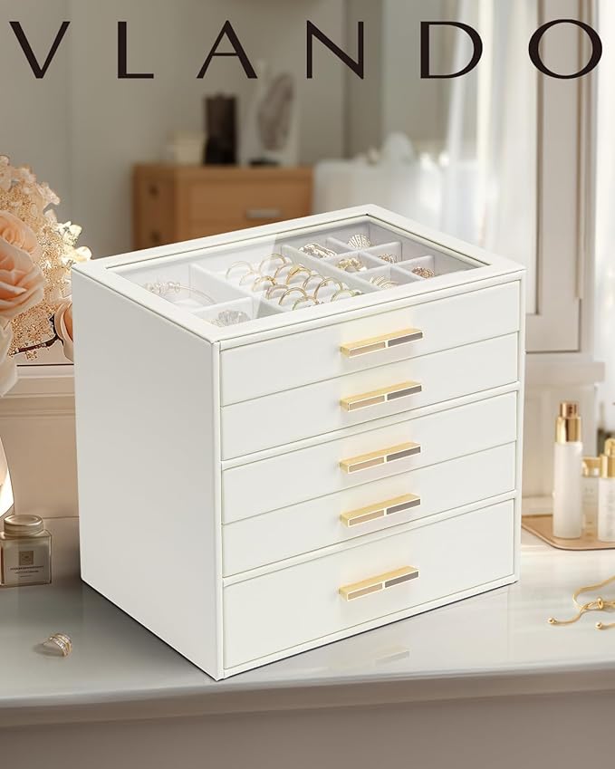 Vlando 5 Layer Jewelry Box for Women, Glass Lid Jewelry Organizer with 5 Drawers for Necklaces Rings Earrings Bracelets - Cloud White