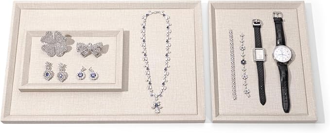 Leather Jewelry Tray Stackable Jewelry Drawer Organizer Display Tray With Linen Texture For Necklace Bracelet Watch Pendant Display Showcase(Small)