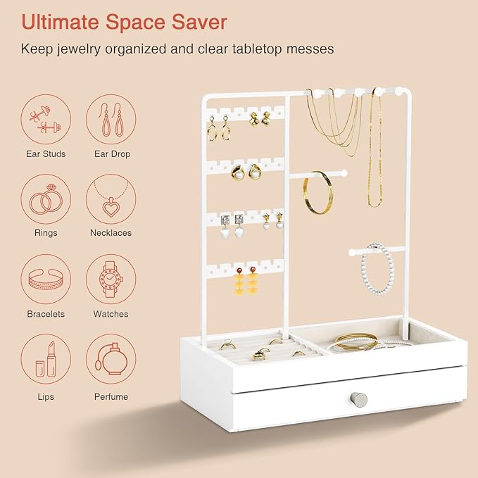White Jewelry Organizer Stand Stud Earring Holder, Necklace Display Stand with Drawer, Jewelry Tower Tree for Bracelets Rings, Birthday Valentines Day Gifts for Her Teen Girls Women Wife