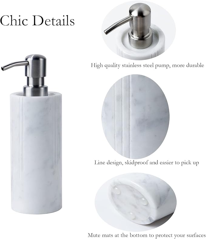 Luxurious White Marble Soap Pump Dispenser for Countertop, Bathroom & Kitchen, Hand or Dish Liquid Soap/Lotion 304 Steel Pump Bottle, Italy Carrara, Vanity