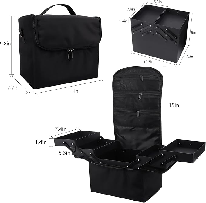Large Makeup Carrying Train Case for Women, Black Travel Bag Storage Box,4 Tier Professional Nail Organizer Case with Adjustable Dividers for Nail Tools Jewelry MakeUp Brushes