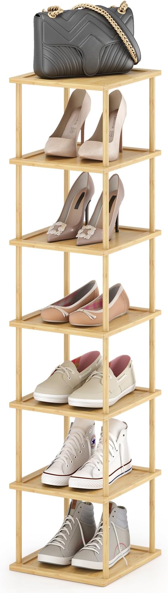 Bamboo Free Standing Shoe Rack Shelf Multi Tier Tall Wooden Stackable Shoes Rack Organizer for Closet Front Door Entrance Narrow Vertical Shoe Storage (Bamboo, 7 Tiers)