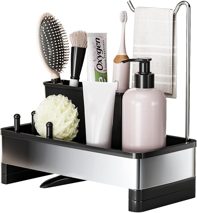 Stainless Steel Sink Caddy, Sponge Holder for Kitchen Sink with Brush Holder & Dishcloth Rack, Rustproof Sink Organizer Countertop, Kitchen Organizers Storage Essentials (D-Black)