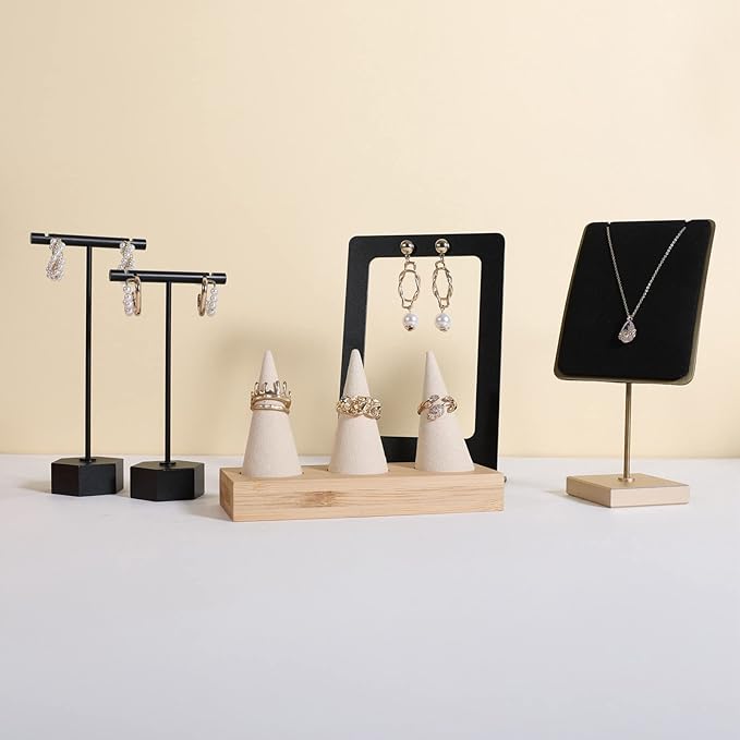 GemeShou Beige wood ring storage organizer, Velvet Jewelry ring display holder, Cute ring display stand for selling, wedding ring holder at nightstand【Beige with three cone】