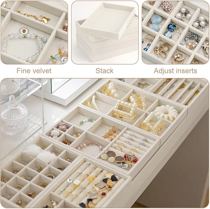 10 Pack Jewelry Organizer Tray Drawer Inserts Stackable Velvet Liner Dividers Customizable Jewellery Box Foam Ring Earring Holder Necklace Bracelet Storage Display Dish Flat in Dresser Vanity
