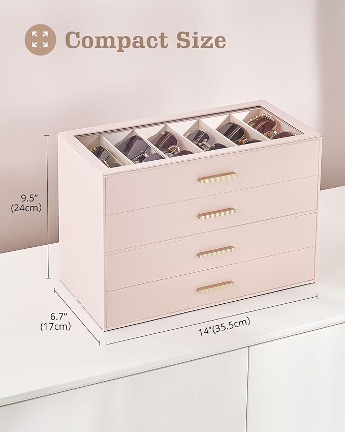 Lolalet Beige Sunglasses Storage Box for Women, Eyewear Eye Glass Organizer with Clear Top Lid Display Holder Case