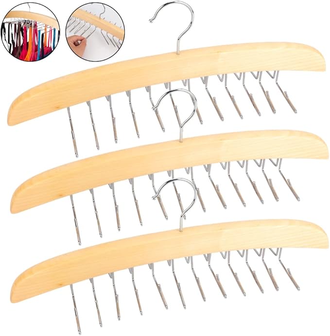 3 Pack Tank Top & Bra Hanger, Tie & Belt Hanger with Natural Wood, 24 Space Saving, 360 Rotating, Foldable Metal Hooks, Closet Organizer and Storage Rack for Tank Tops/Bras/Ties/Belts