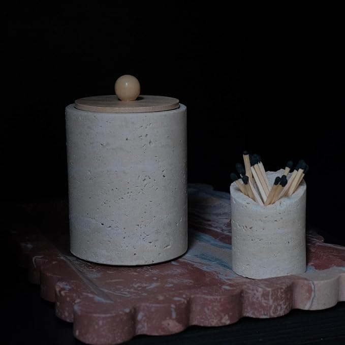 Travertine Marble Qtip Holder Dispenser with Bamboo Lid & Clear Plastic Inner Jar - Bathroom Vanity Organizer for Cotton Swab, Ball, Makeup Pads, Floss - Storage Container (Beige Travertine)
