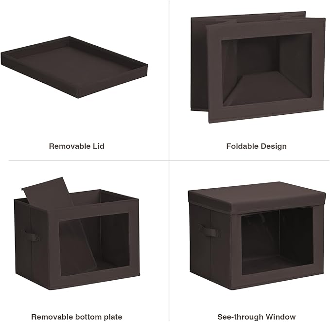 Stackable Storage Bins with Lids - Large Storage Box with Lids, Foldable Closet Boxes for Organizing, Wardrobe Clothes Organizer with Window, Cubes Bins for Living Room, 4 Pack, Brown