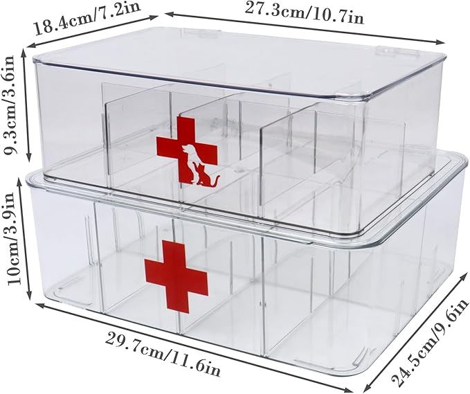 First Aid Box Clear Medicine Organizer Storage Box with Lids, Plastic Medicine Organizer for Bathroom or Kitchen, Medicine Cabinet Organizer with Lid, Portable Medical Box for Home,Office