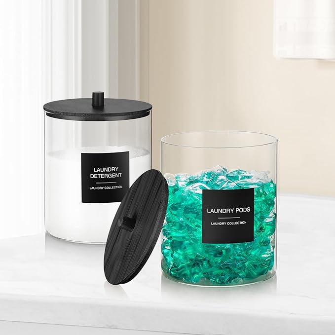 TIPGO Glass Jars for Laundry Room Organization, Laundry Pods Container with 27 Labels, Detergent Holder with Bamboo Lid, Cute Storage Jars, Black (Set of 2)