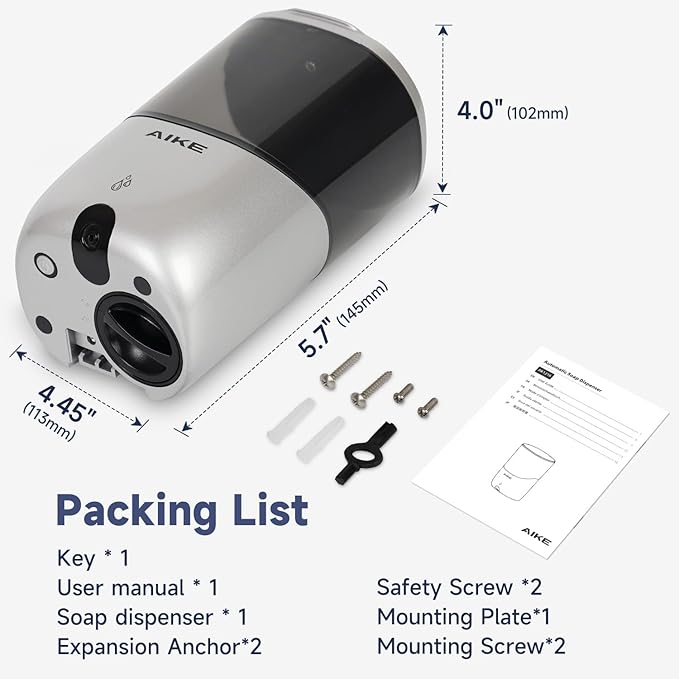 AIKE Liquid Automatic Wall Mount Soap Dispenser,Battery Operated Model AK1216,Silver