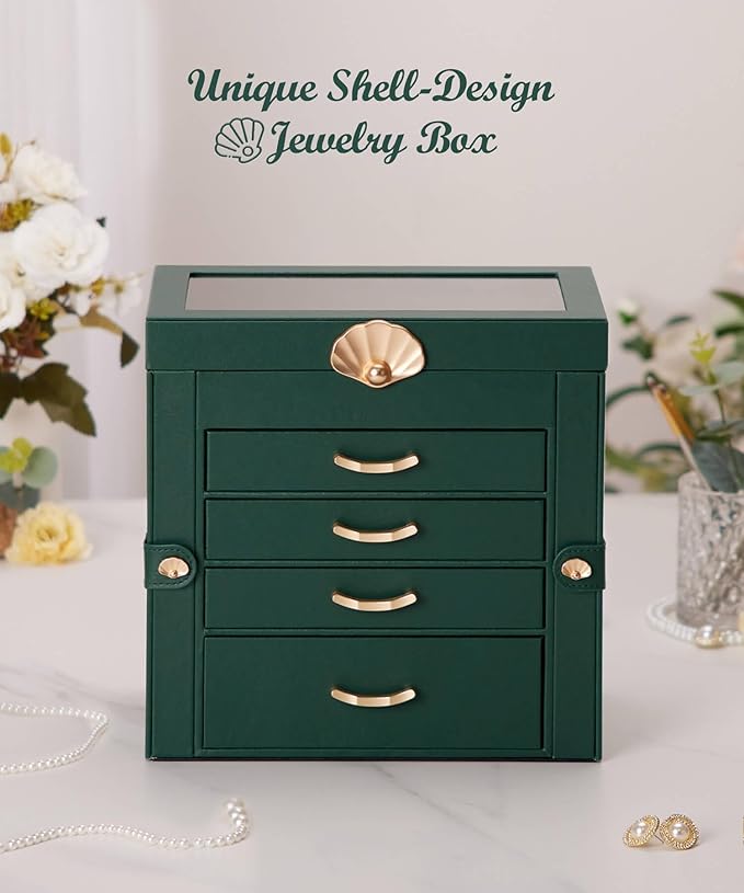 Jewelry Box with 4 Drawers: Display Organizer for Earrings Necklaces - Gifts for Girls Women (Forest Green)