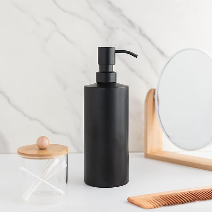 Black Soap Dispenser for Kitchen & Bathroom – 15 oz Refillable Resin Pump Bottle for Dish Soap, Hand Soap, Shampoo, Conditioner – Modern Countertop Dispenser with Non-Slip Protective Pads