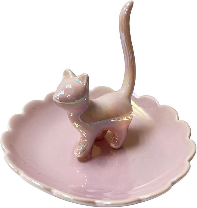 ROSA&ROSE Cat Ring Holder Trinket Tray Ceramic Jewelry Dish Porcelain Ring Organizer Gift for Women, Girlfriend or Valentine's Day (Pink)