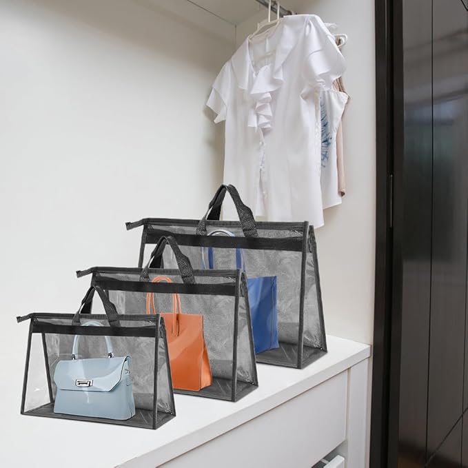 15 PCS Dust Bags for Handbags,Purse Protector Storage Bag,Purse Cover Hanging Closet Organizer with Zipper Handle,Clear Handbag Storage Organizer for Closet,3 Assorted Sizes(Gray)