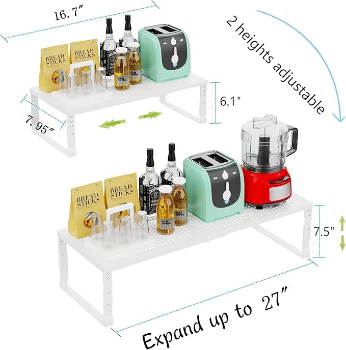 Expandable Cabinet Shelf Organizer Storage Spice Rack Shelves for Kitchen Stackable Adjustable Pantry Cupboard Bathroom Countertop Desktop(1Pack/White/Medium-with Hole)