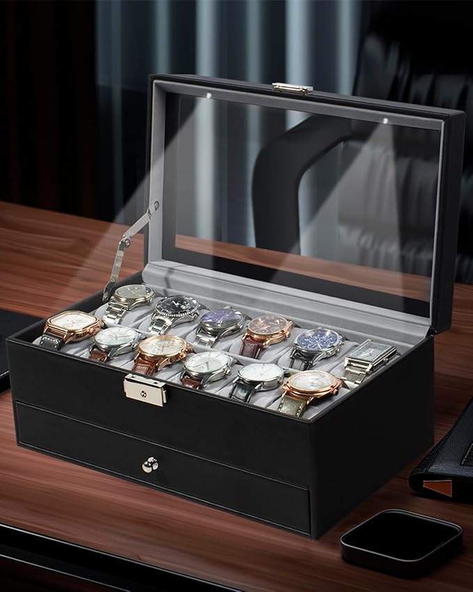 GUKA Watch Box 12 Slot Watch Display Organizer Leather Jewelry Case Drawer Glass Birthday for Men Women, Child Husband Dad GK-012BKGREY-LED-24