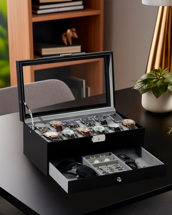 GUKA Watch Box 12 Slot Watch Display Organizer Leather Jewelry Case Drawer Glass Birthday for Men Women, Child Husband Dad