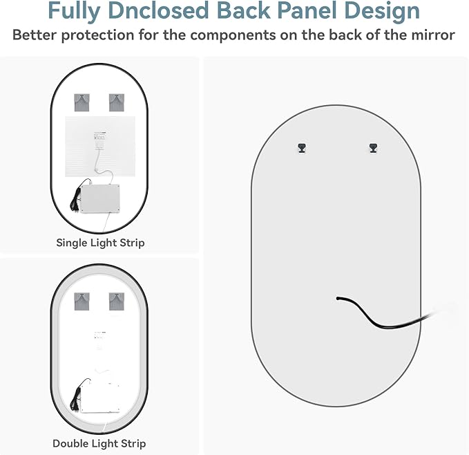Led Bathroom Mirror with Lights, 20'' x 43'' Oval Heavy Duty Aluminum Frame Bathroom Vanity Mirror with Lights, 3 Colors, Brightness Stepless Dimmable, Anti-Fog, Memory Function, Double LED Orange