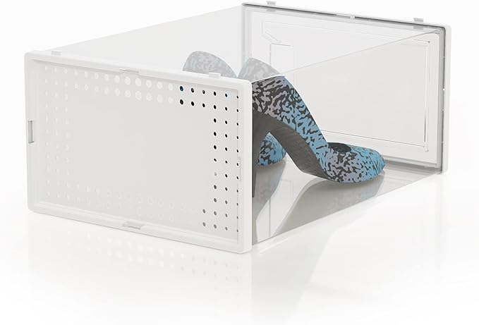 Secret Space 12 Pack Large Shoe Organizer Storage Boxes for Closet, Modular Space Saving Shoe Boxes Clear Plastic Stackable Sneaker Containers Display Case with Lids, White